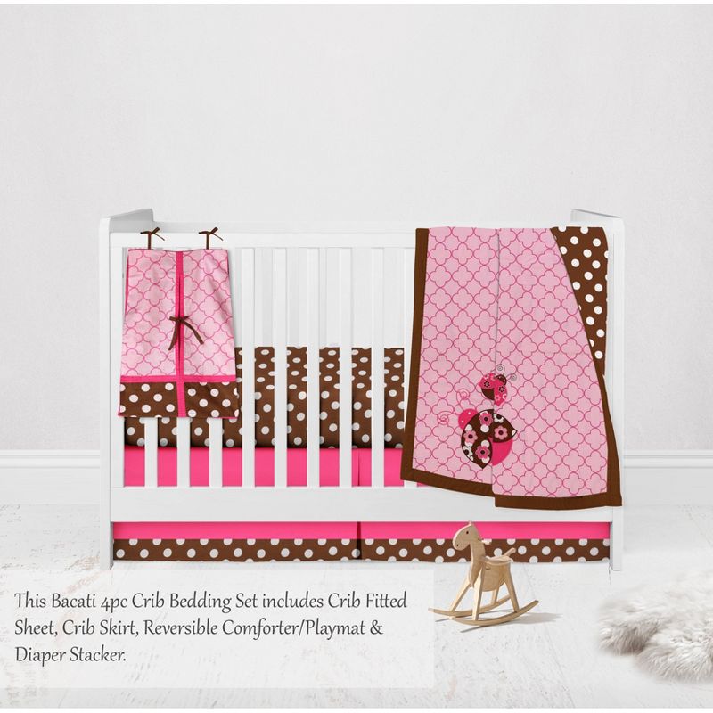 Bacati - Ladybugs Pink Chocolate 4 pc Crib Bedding Set with Diaper Caddy, 3 of 8