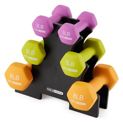 HolaHatha Hex Dumbbell Weight Training Home Gym Equipment Set with 3, 5 and 8 Pound Fitness Hand Weights and Storage Organization Rack