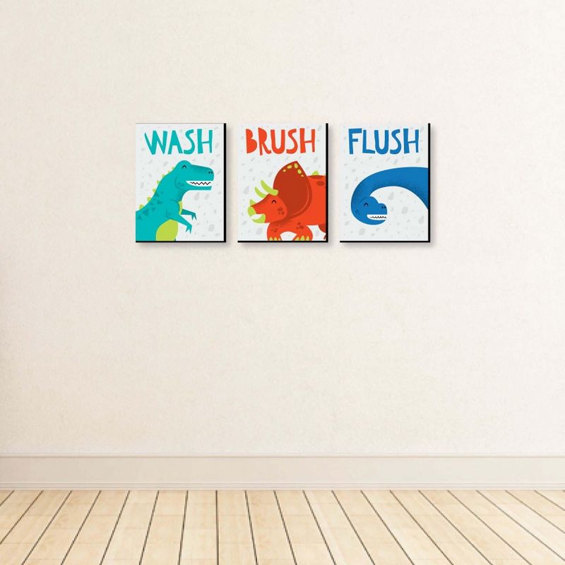 Big Dot of Happiness Roar Dinosaur - Dino T-Rex Kids Bathroom Rules Wall Art - 7.5 x 10 inches - Set of 3 Signs - Wash, Brush, Flush, 4 of 9