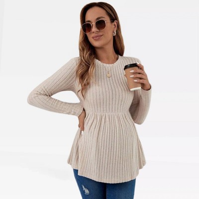 Maternity Fall Tops Peplum Wasit Rib Sweater Crew Neck Pullovers for Pregnancy Women Long Sleeve Soft Knitwear Lightweight Cozy Tops