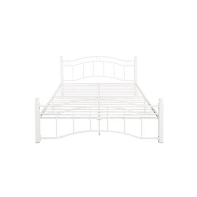 Queen Size White Metal Frame Platform Bed with Upholstered Headboard