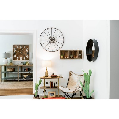 Contemporary Black Metal & Wood Round Wall Mirror with Shelf