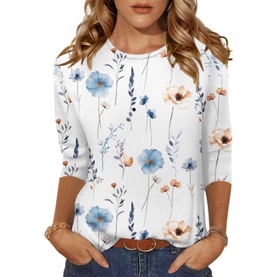 Women's 3/4 Sleeve Tunic Tops Soft Round Neck Casual T Shirts for Women Cute Basic Blouses for Business Work
