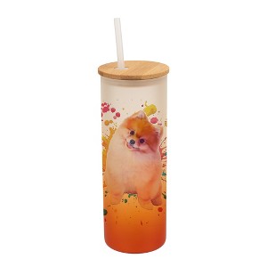 100 North 25 Ounce Frosted Glass Gradient Travel Tumbler With Straw & Wooden Lid, Pomeranian Dog Paint Splatter Orange - 1 of 4
