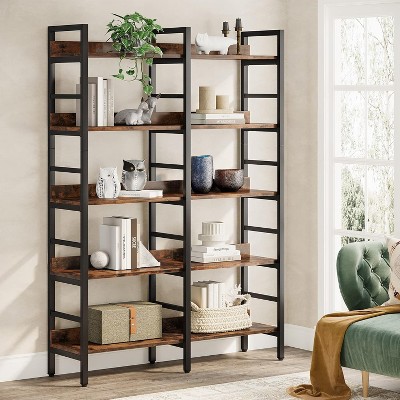 Rustic Brown 5-Tier Wood and Metal Adjustable Bookshelf