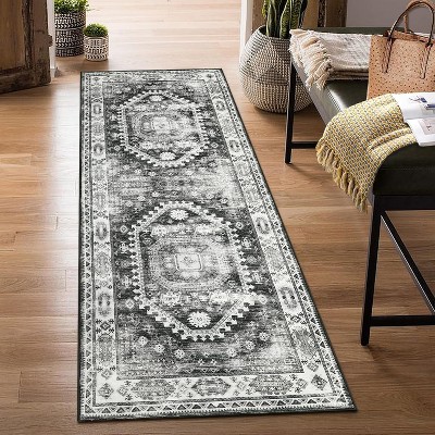 Washable Runner Rug Oriental Vintage Floral Entryway Rug Runner Low Pile Non-Shedding Runners Anti-Slip Soft Faux