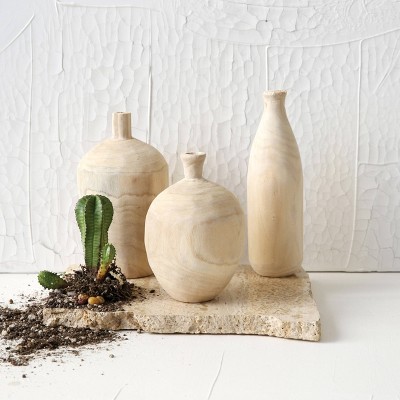 Set of 3 Light Wood Bottle and Gourd Shaped Vases