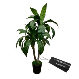 Cypress & Alabaster | Handmade 3' Artificial Tropical Cradle Tree In Home Basics Plastic Pot Made With Real Wood And Moss Accents - 1 of 4