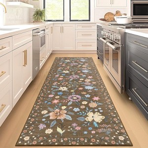 Rug Boho Floral Rugs, Large Area Rug Machine Washable Rugs Ultra-Thin Flower Carpet Non Slip Low Pile Carpet Rug - 1 of 4