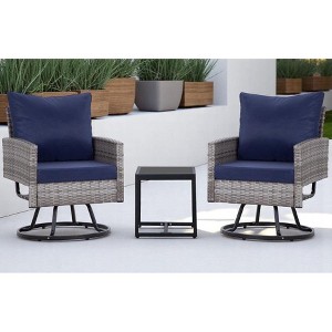 3-Piece Wicker Patio Furniture Set, Rattan Swivel Chairs with Coffee Table, Outdoor Seating for Porch, Balcony, or Garden –Wicker with Cushions - 1 of 4