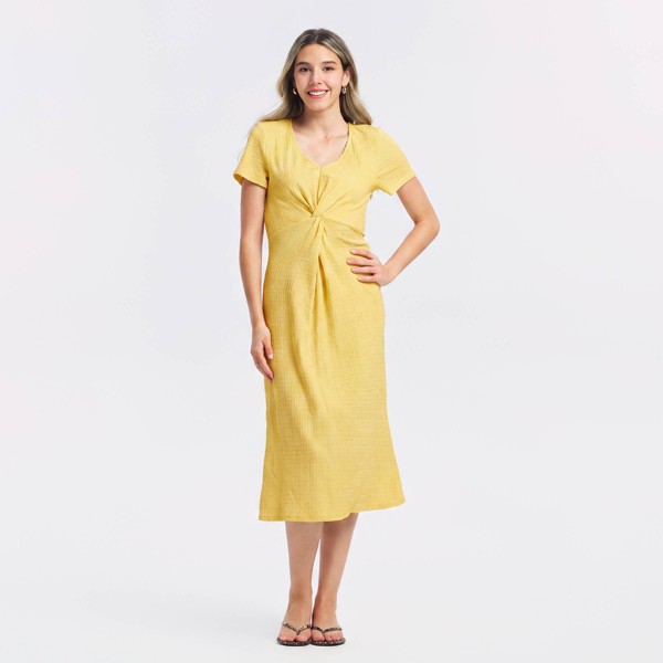 Vestido midi corte A de manga corta con textura y giro al frente - A New Day™