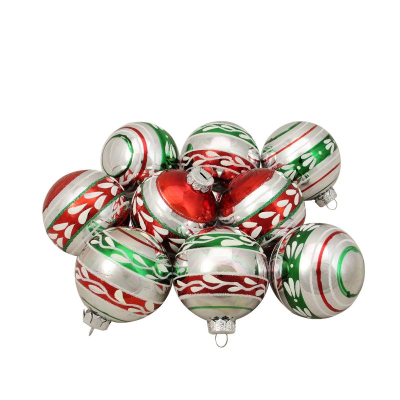 Northlight 9ct Shiny Silver with Red and Green Glitter Striped Vintage Christmas Ornaments 2.75 (55 mm), 1 of 3