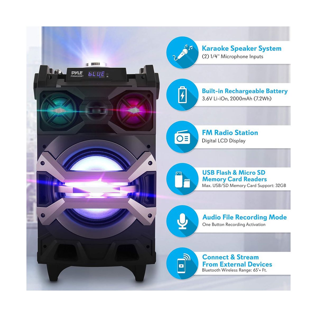 Pyle Portable Bluetooth Karaoke Speaker System with DJ Lights PWMA325BT - thumbnail 7