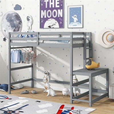 Twin Size Loft Bed Frame, Kids Loft Bed With Stairs, Ladder Landing Platform, Twin Bed Frame With Full-Length Guardrail, No Box Spring Needed