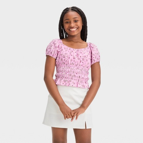 Girls' Short Sleeve Ruched Cropped Peplum Top - Art Class™ Purple Floral  Xxl : Target