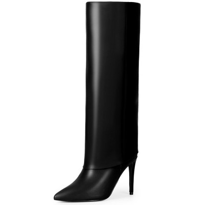 BLISSFUL STEP Women's Fold Over Pointed Toe Zipper Stiletto Heel Knee-High Boots