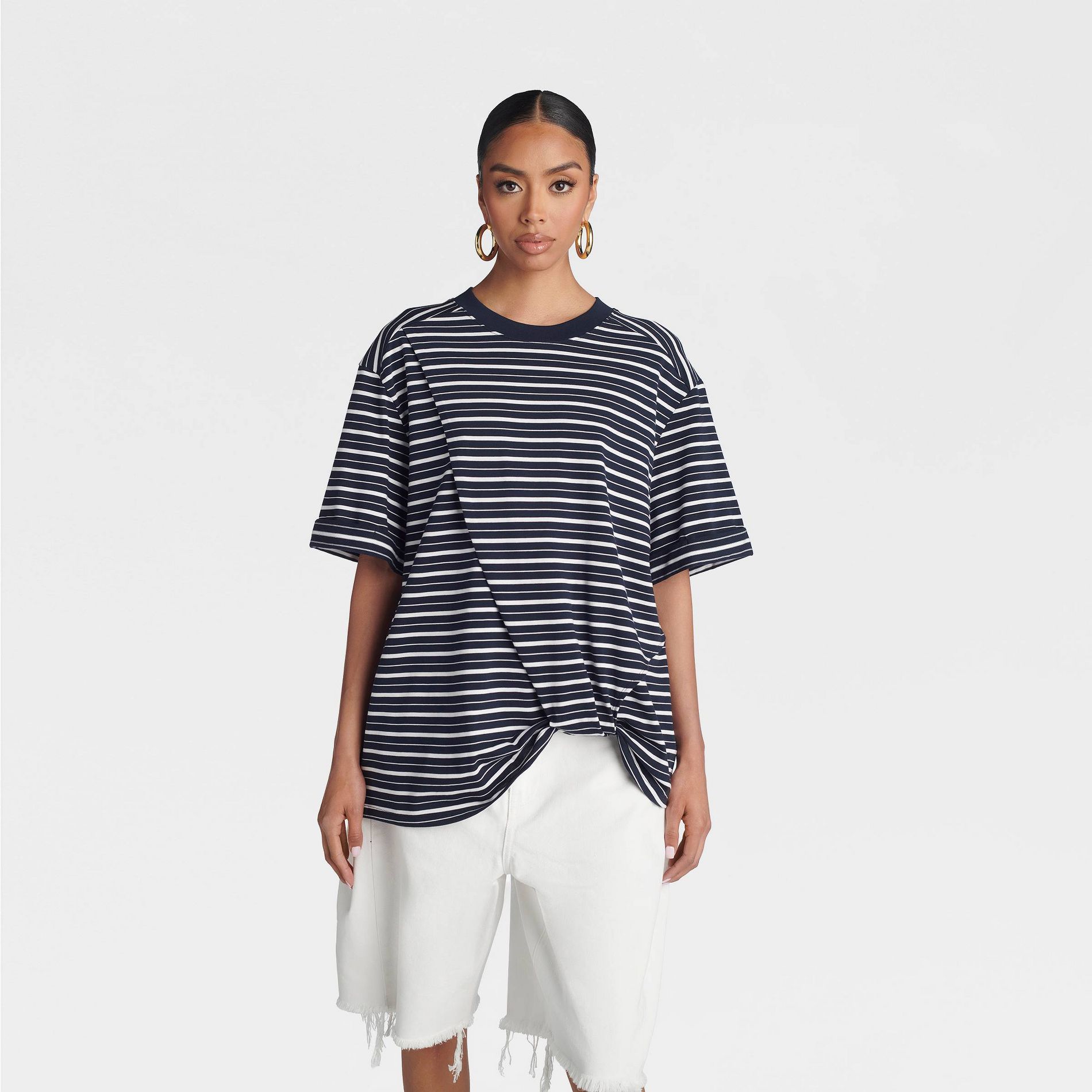 KBB by KAHLANA Women's 'The Asymmetric Hem Twist T-Shirt' - Navy Blue Striped