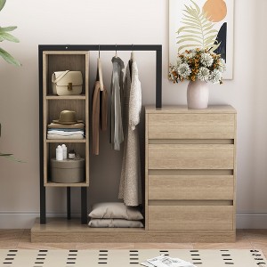 TIRAMISUBEST Open Style Bedroom Storage Wardrobe with 4 Drawers, Modern Armoire Closet Coat Rack with Storage Shelves - 1 of 4