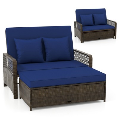 Tangkula Patio Adjustable Wicker Daybed Rattan Loveseat & Storage Ottoman w/ 4-Level Backrest & Soft Cushions Space-Saving 2-Person for Backyard Navy