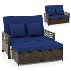 Tangkula Patio Adjustable Wicker Daybed Rattan Loveseat & Storage Ottoman w/ 4-Level Backrest & Soft Cushions Space-Saving 2-Person for Backyard Navy - 1 of 4
