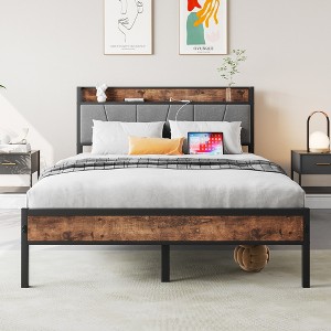 GDFStudio Lyra Modern Metal and Wooden Platform Bed Frame with Storage Headboard and Charging Station - 1 of 4