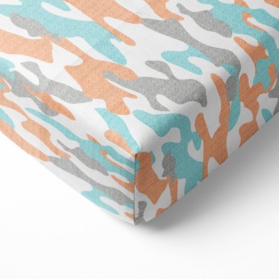 Bacati - Jungle Safari Camo Boys Aqua/Orange Muslin 100 percent Cotton Muslin Universal Baby US Standard Crib or Toddler Bed Fitted Sheet