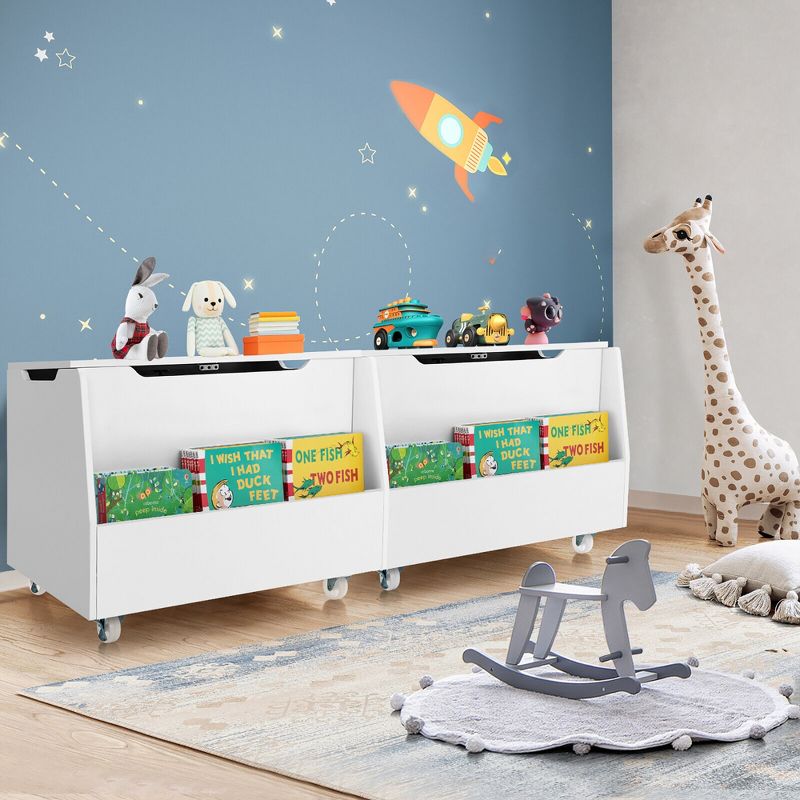 Tangkula Kids Toy Box Wooden Storage Chest Bench w/ Bookshelf Wheels Safety Hinge Lid, 2 of 11
