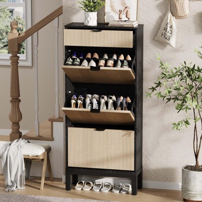 Fluted Shoe Cabinet with 3 Flip Doors & 1 Drawer, Slim Freestanding Organizer with Iron Legs, Hidden Shoe Storage for Hallway