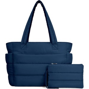 Puffer Tote Bag for Women, Lightweight Quilted Shoulder Bag with Compartments for Work, Travel, and Gym - 1 of 4