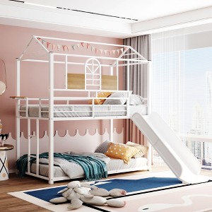 Twin Over Twin Metal Bunk Bed ,Metal Housebed With Slide,Three Colors Available.(White with White  Slide) - 1 of 3