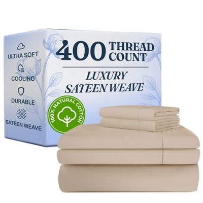 100% Cotton 400 Thread Count 4 Piece Sheet Set - Soft & Cozy Sateen Bed Sheets - CGK Linens