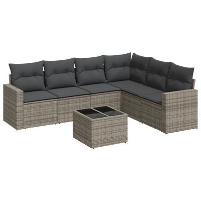 vidaXL 7 Piece Patio Sofa Set with Cushions Gray Poly Rattan - With Table