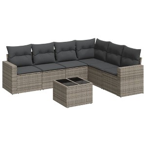 vidaXL 7 Piece Patio Sofa Set with Cushions Gray Poly Rattan - With Table - 1 of 4