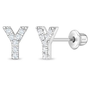 Girl's Cubic Zirconia Letter Initial Screw Back Sterling Silver Earrings - In Season Jewelry - 1 of 4