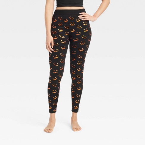 Women s Foil Printed Jack o lantern Faces Halloween Seamless Fleece Lined Leggings Hyde Eek Boutique Black orange Target