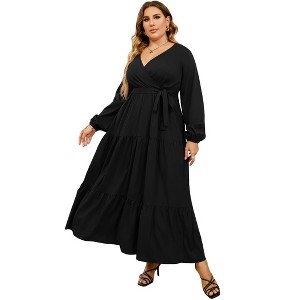 Women Plus Size V Neck Wrap Maxi Dress High Waist Ruffle Summer Casual Dress with Belt Long Sleeve,navy blue yellow flower - 1 of 4