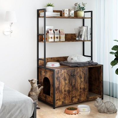 Litter Box Enclosure with Shelves, Wooden Hidden Cat Litter Box Enclosure Furniture with 2 Door, Indoor Cat Sanctuary House with Scratch Pad