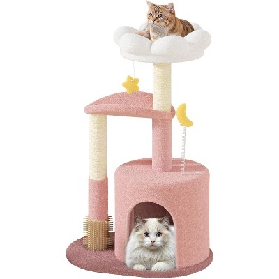 Small Cat Tree Condo with Sisal Scratching Post, 33 Inch Modern Cute Flower Cat Tree Tower with Cozy Perch Toy Ball