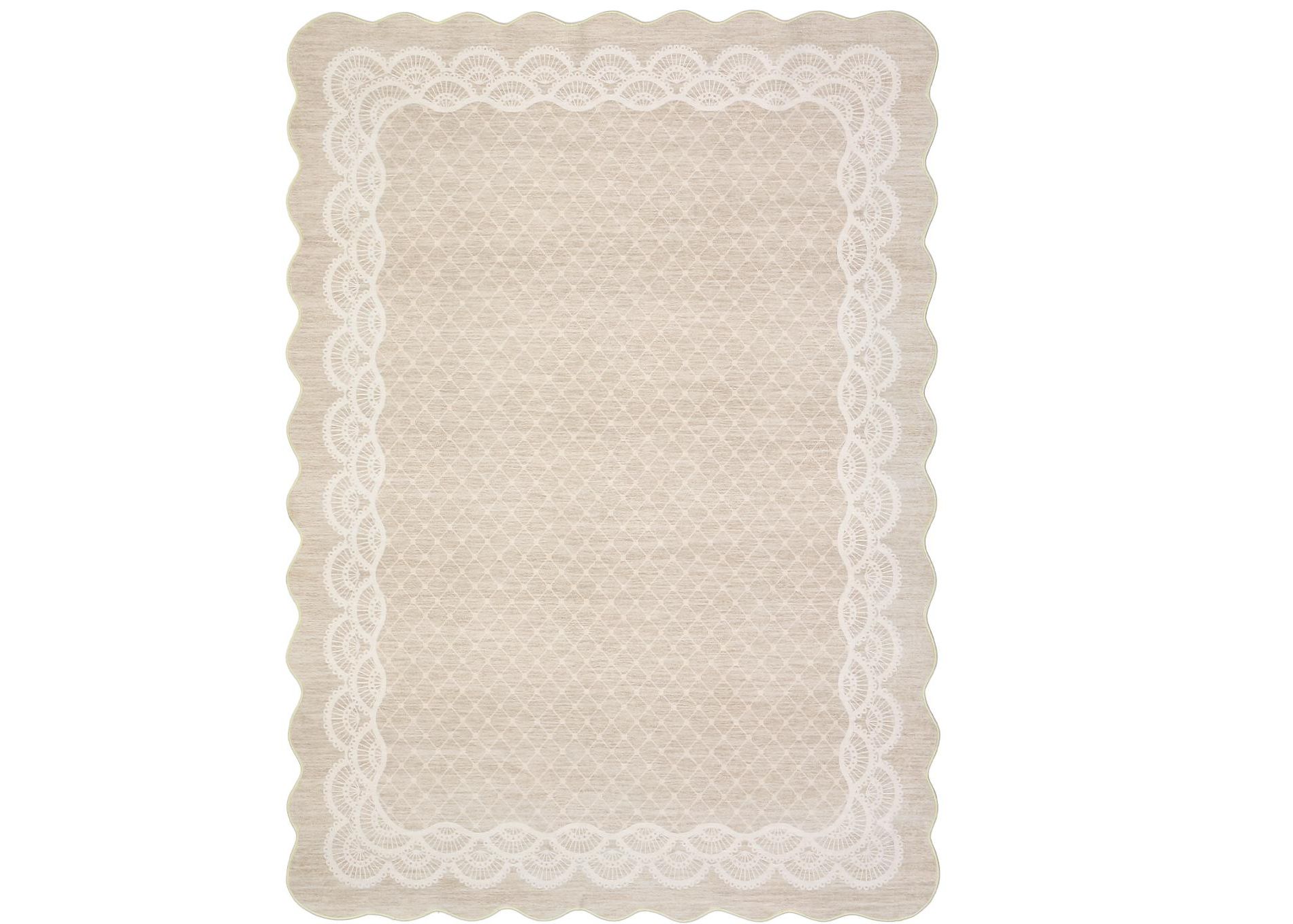 8'x10' Washable Scalloped Living Room Rugs, Plaid Floral Soft Non Slip Bedroom Carpet, Large Low Pile Dining Room Rugs, Beige
