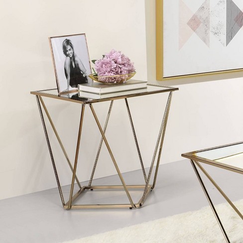 22" Fogya Mirrored Champagne Folding Table Gold Finish - Acme Furniture: No Assembly, Metal Frame, Clear Top - image 1 of 4