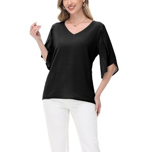 Anna-Kaci Women's V-Neck Blouse with Split Sheer Short Sleeves and Relaxed Fit Silhouette - 1 of 4