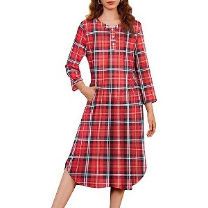 Ekouaer Womens Long Nightgowns Plaid Sleepwear Soft Loose Nightshirt 3/4 Sleeve Plus Size Housecoat with Button & Pockets - 1 of 4