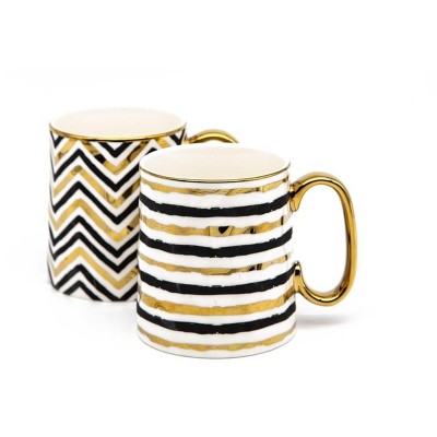 Black and Gold Geometric Ceramic Coffee Mugs, Set of 2