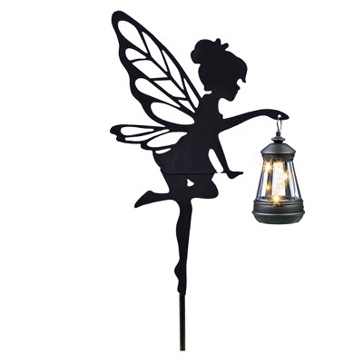Collections Etc Metal Fairy Silhouette with Solar Powered Lantern Outdoor Garden Stake
