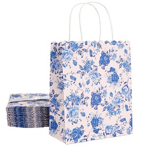 Sparkle and Bash 24 Pack Floral Gift Bags with Handles, Medium Size, Paper Goodie Bag with Blue Rose Flowers for All Occasions, 10x8x4 In - 1 of 4