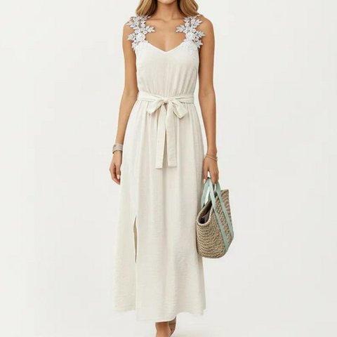 Женские платья Anna-Kaci Women's Sleeveless Maxi Dress with Floral Applique Straps Belted Waist and Front Slit - Small, Light Beige