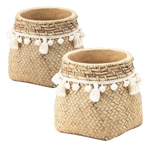 NAYSAYE Planter Set of 2 Brown Cement Planter with Woven Tassel Accent for Indoor Outdoor Garden, Brown, 15"*15"*13" - 1 of 4