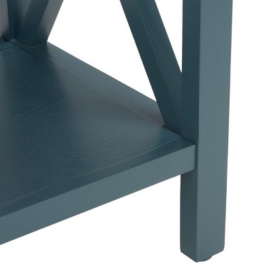 Transitional Teal Wood and Stone Rectangular End Table