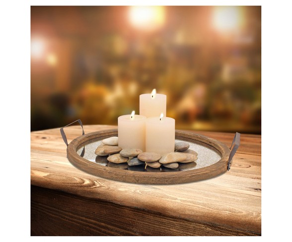 Stonebriar Oval Rustic Wooden Tray with Distressed Mirror