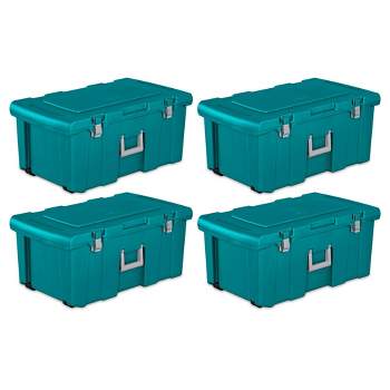 Sterilite 16 Gallon Lockable Storage Tote Footlocker Toolbox Container Box with Wheels, Metal Handles, and Latches, Teal with Gray Clips (4 Pack)